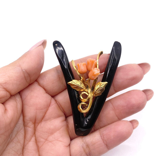 Vintage Black Bakelite and Skin Angel Coral Carved Coral 12k GF Brooch