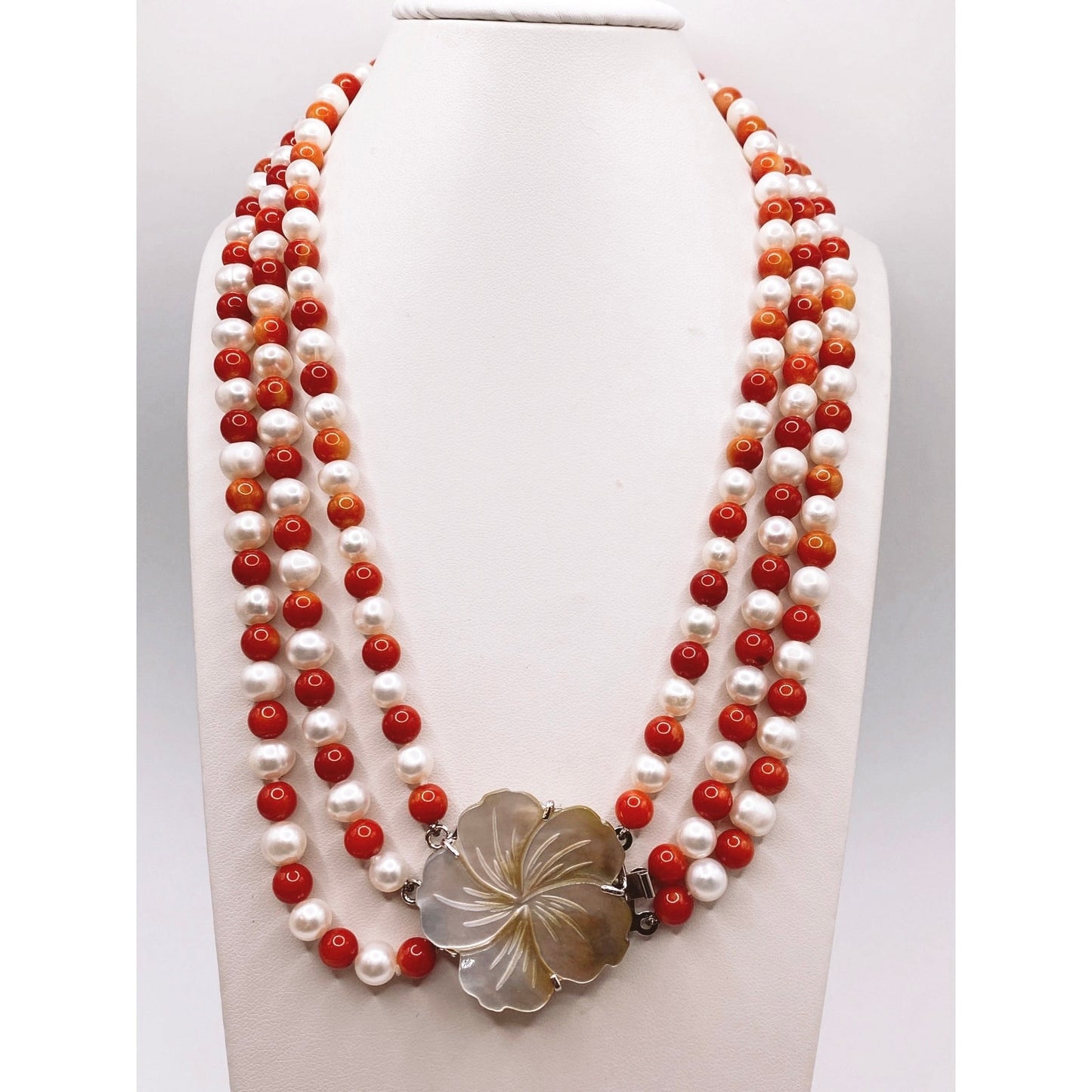 Three Strand Freshwater Pearl and Red Coral Necklace With Motherofpearl Clasp