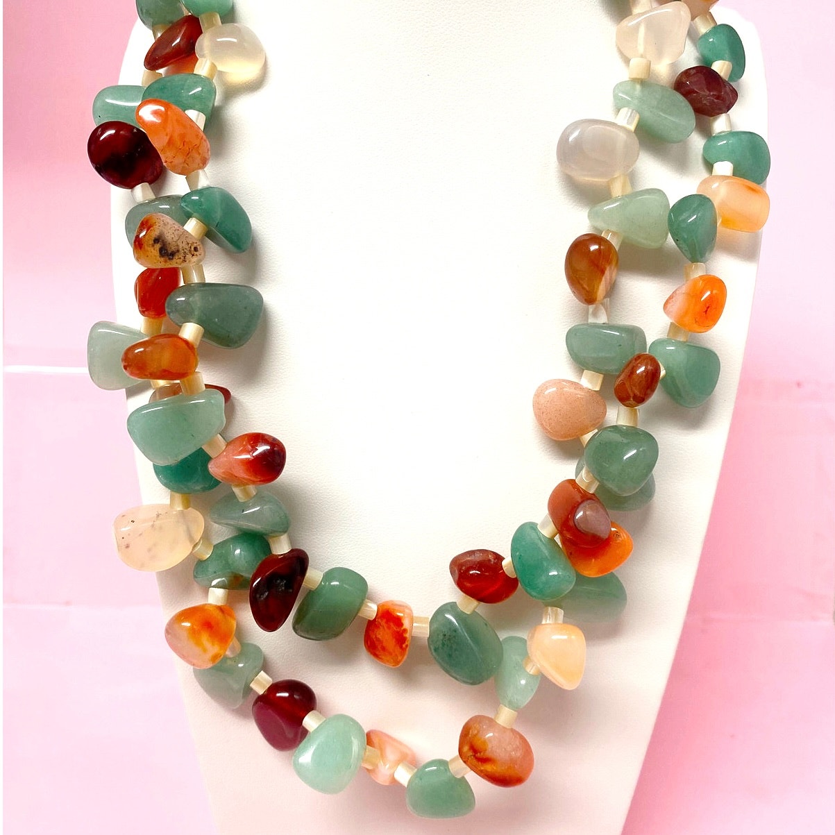 Carnelian & Agate Necklace Double-Strand Gemstone