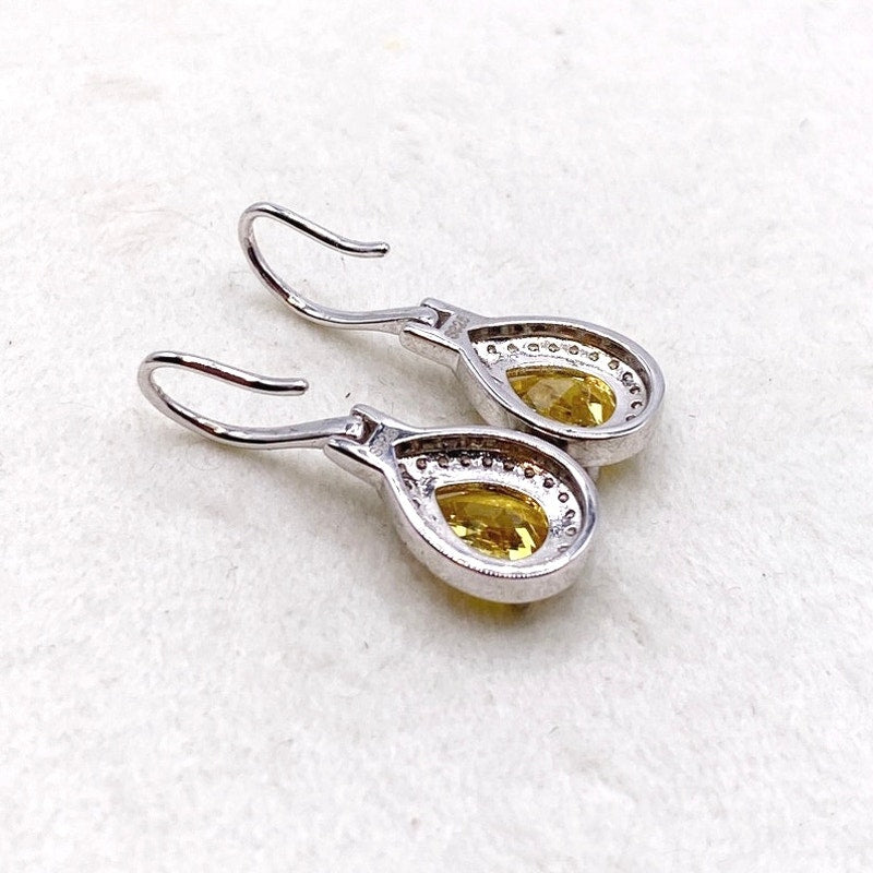 Sterling Silver Earrings with Dangling Citrine Cubic Zirconia Tear Drop 1cm