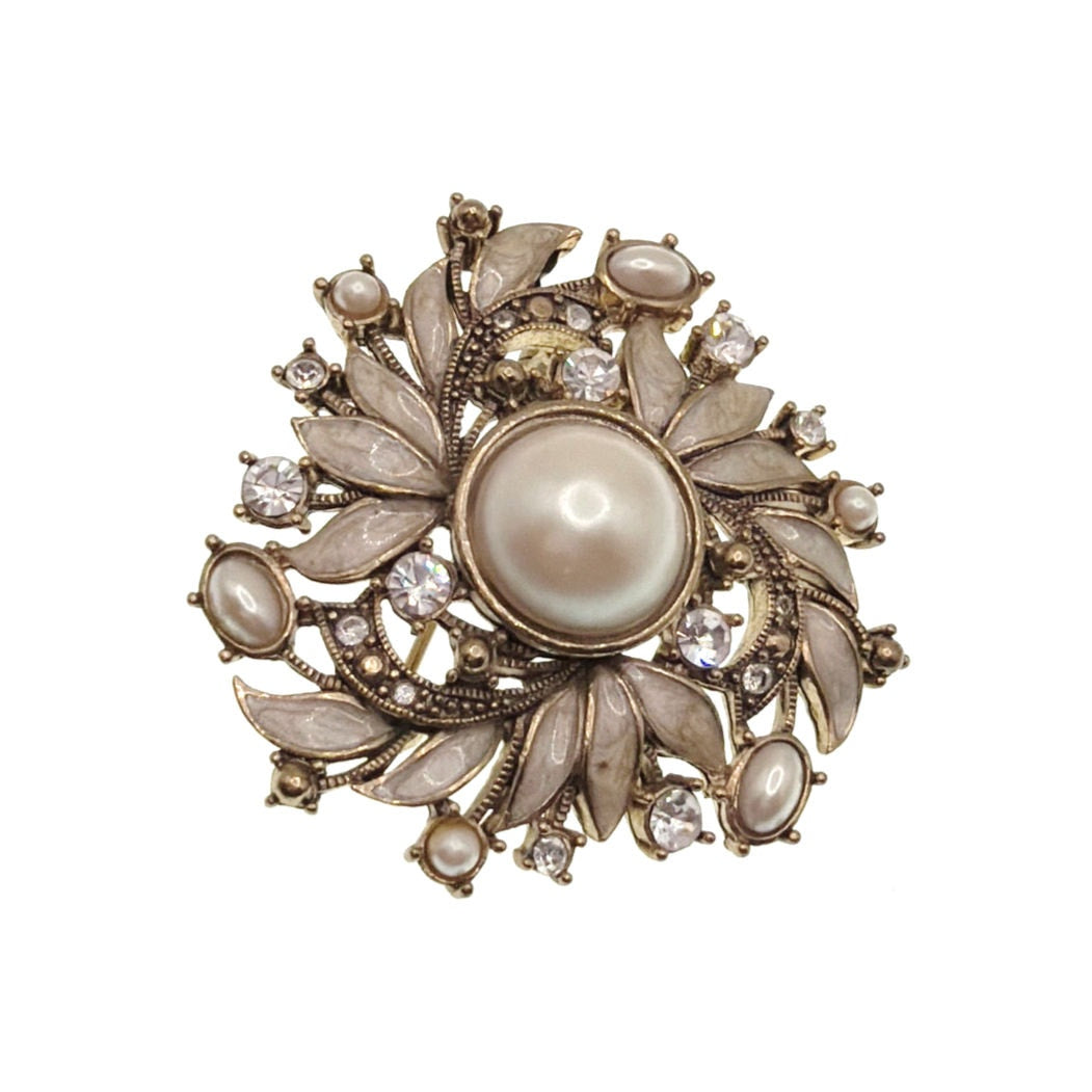 Monet Enamel and Faux Pearl Floral Brooch White and Cream 2”