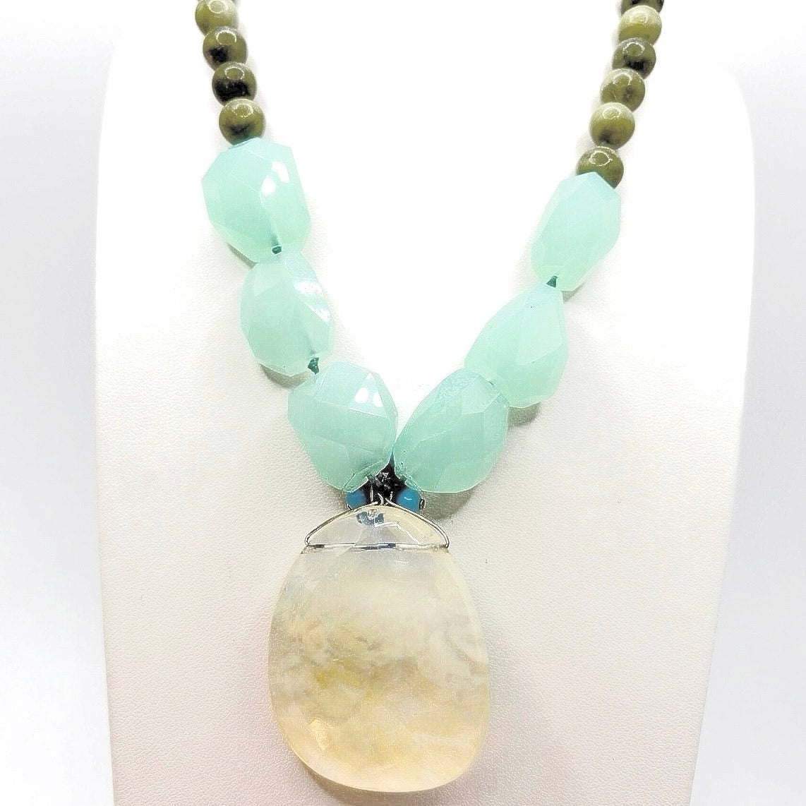 Vintage Handmade Gemstones Necklace Chalcedony  Agate and Opaline Pendant 16”