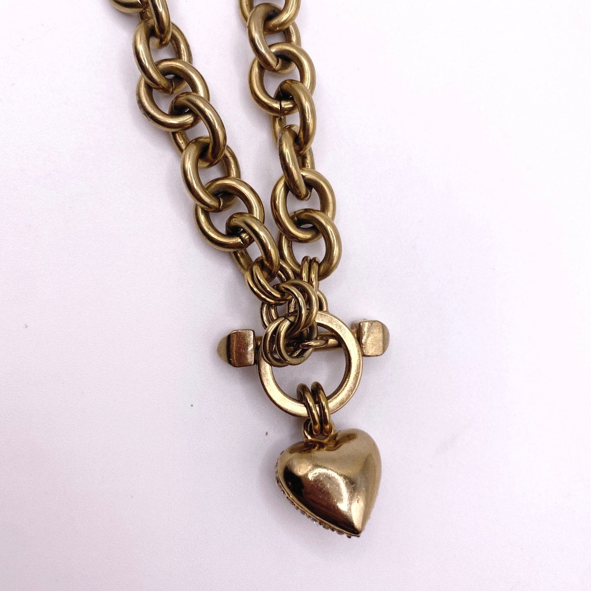 Juicy Couture Vintage Gold Tone Necklace Rhinestone Heart Pendant Toggle Closure
