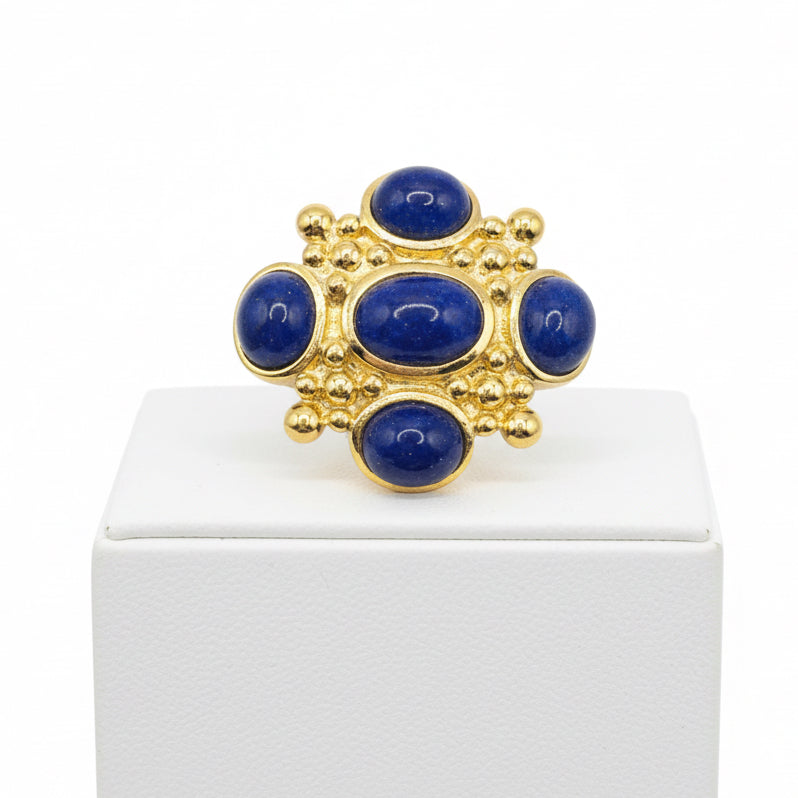 Maltese Cross Vintage Brooch With Faux Lapis Blue Cabochons 1.5”