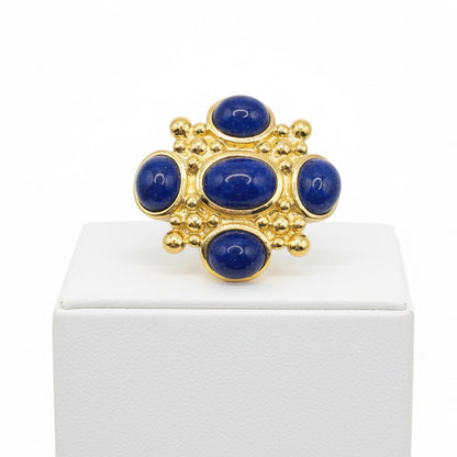 Maltese Cross Vintage Brooch With Faux Lapis Blue Cabochons 1.5”