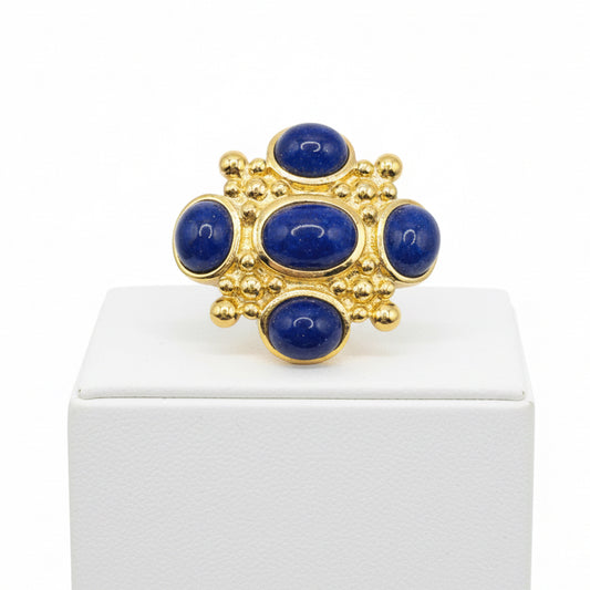 Maltese Cross Brooch with Faux Lapis Blue Cabochons 1.5”, Very Good Vintage Condition