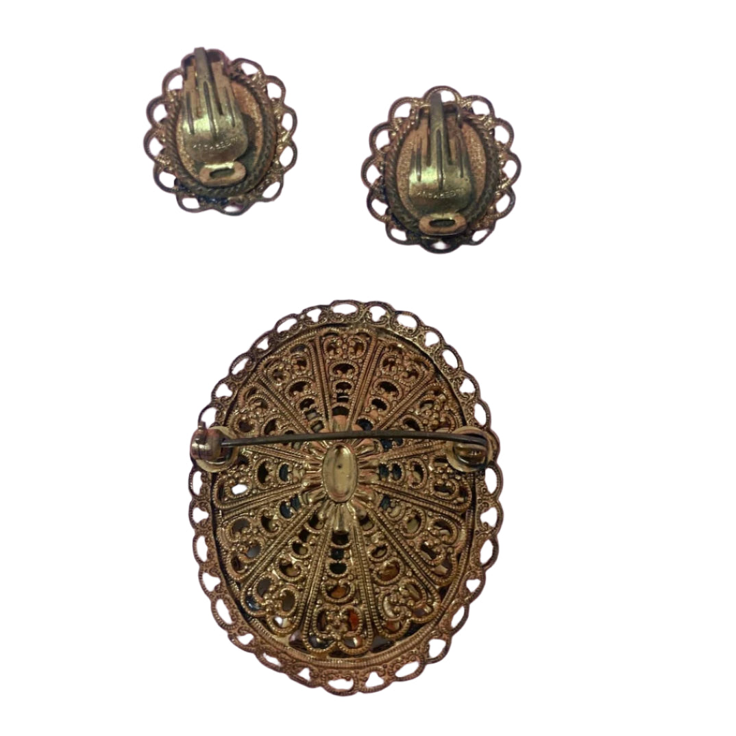 Western Germany Sugar Glass Brooch and Clip On Earrings Set