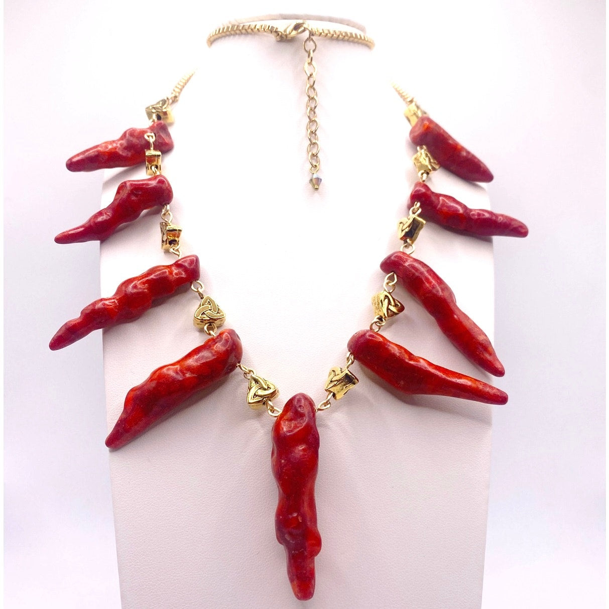 Red Coral Horns Charms Necklace 22”
