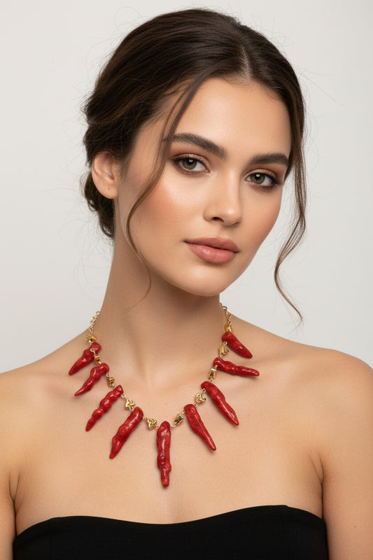 Necklace with red chili pepper-shaped pendants on a white background