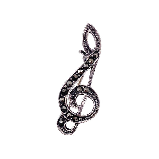Vintage Sterling Silver Marcasite Musial Note Treble Clef Brooch Pin 1”