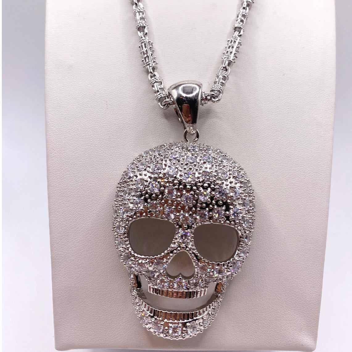Sterling Silver Full Cubic Zirconia Skull Face Pendant and Necklace 28" long