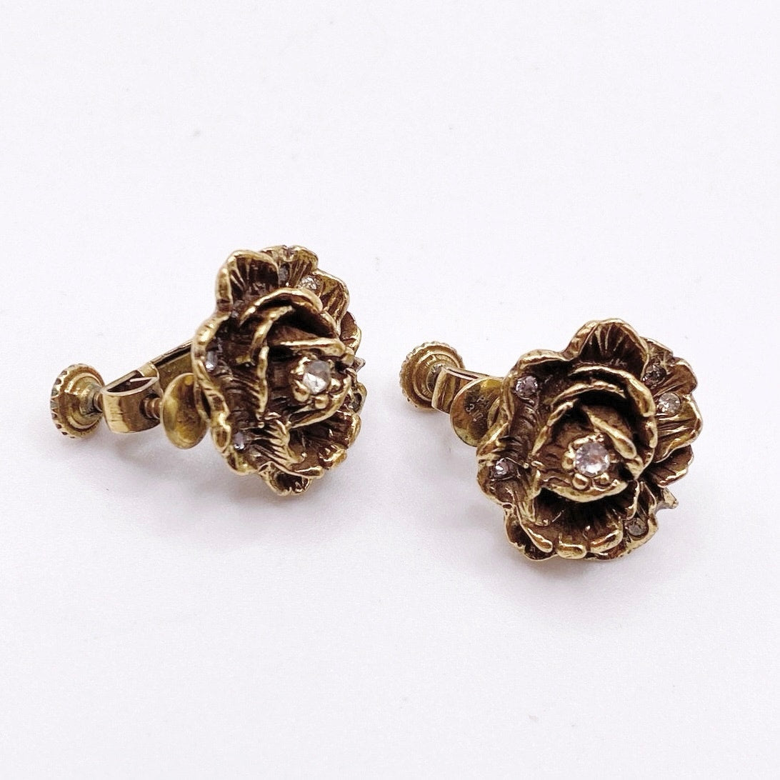 Goldette Vintage Small Gold Tone Clip on Earrings Rhinestones Rose