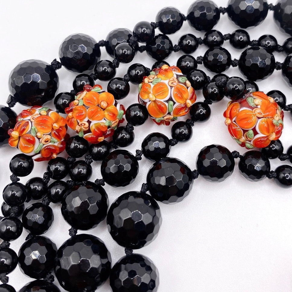 Black Opera Necklace Extra Long 66” Knotted Onyx and Murano Glass Millefiori Orange Beads