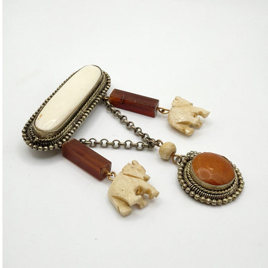 Vintage Silver Tone Metal Carved Animals on Large Bar Pin Brooch