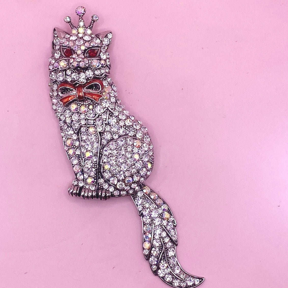 Vtg Rhinestone Cat Brooch Swivel Tail 4.5"