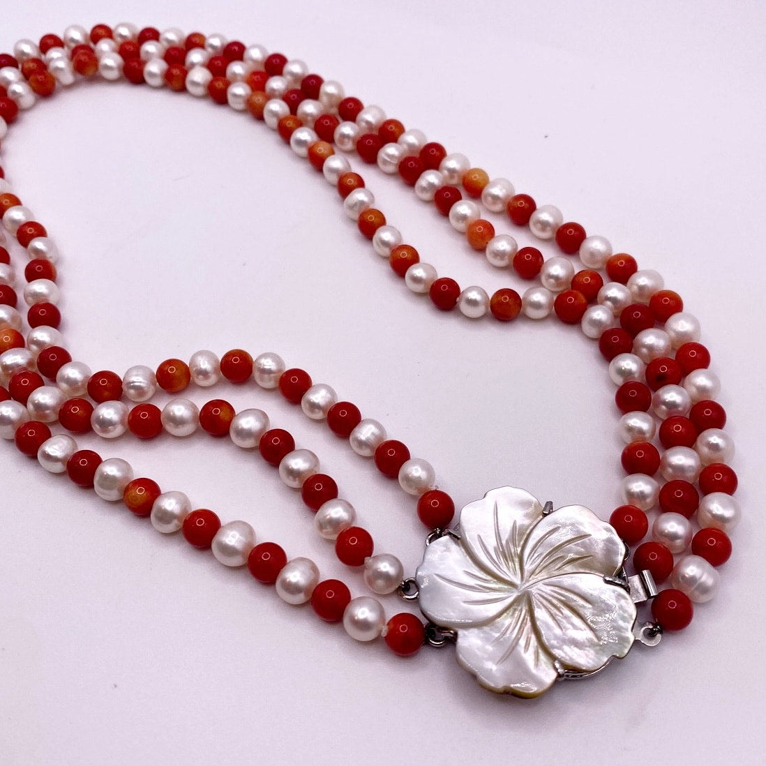 Three Strand Freshwater Pearl and Red Coral Necklace With Motherofpearl Clasp