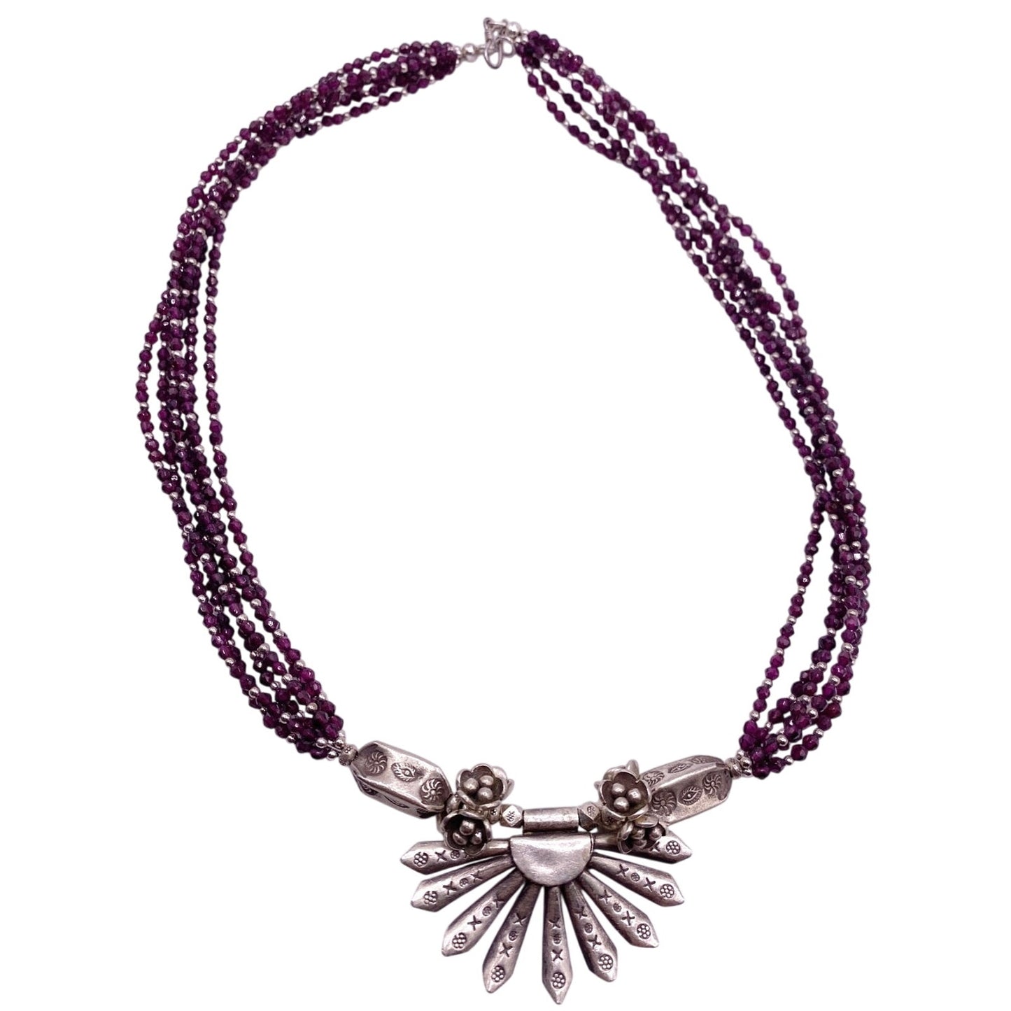 Stunning Sterling Silver Multi strand Fuchsia Garnet Necklace 20”