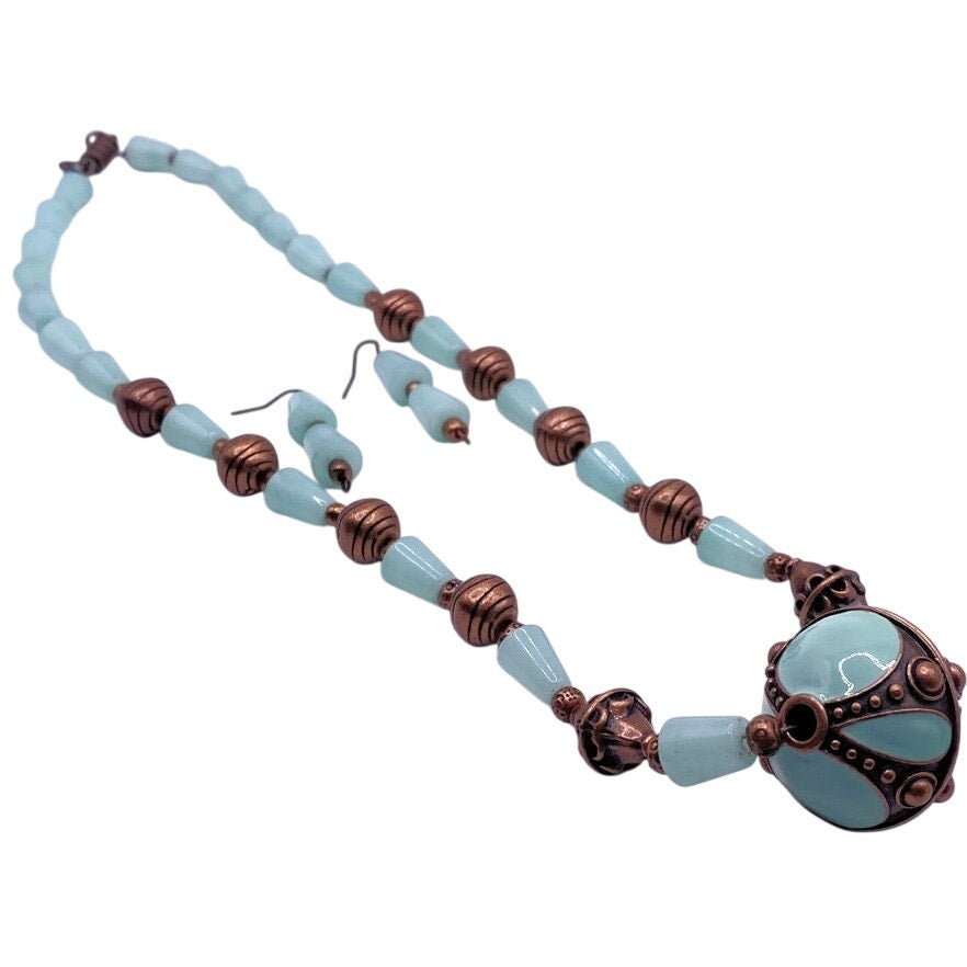 Vntg Handmade Amazonite Gemstones Necklace 18”with Enamel Pendant and Earrings