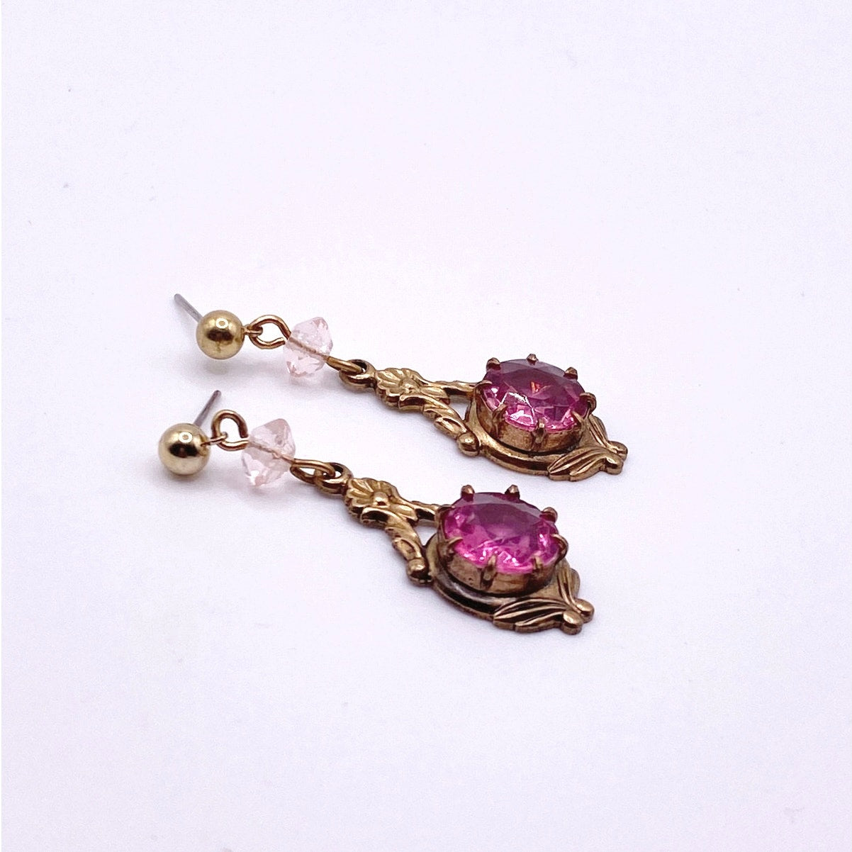 Vintage Brass Filigree Dangling Earrings Lustrous Pink Rhinestones