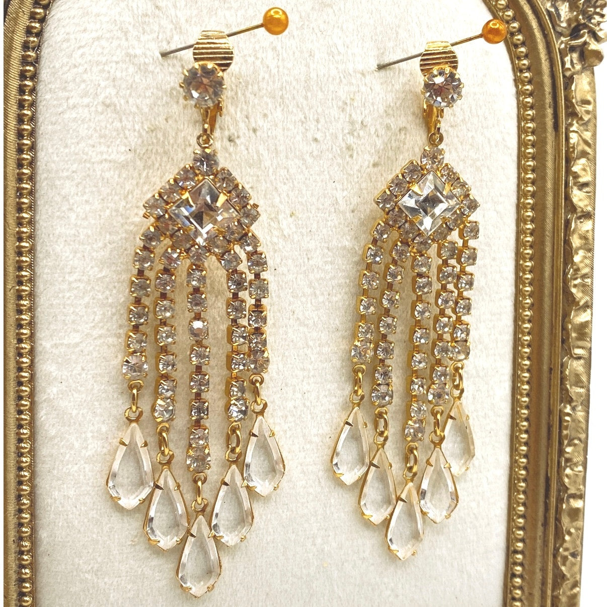 Vintage Glass and Rhinestones Chandelier Clip On Earrings 3"