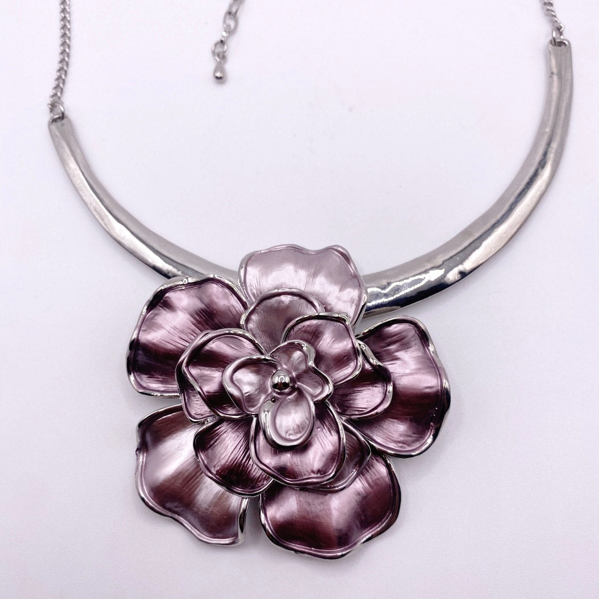 Purple Enamel Flower Pendant Bib Necklace