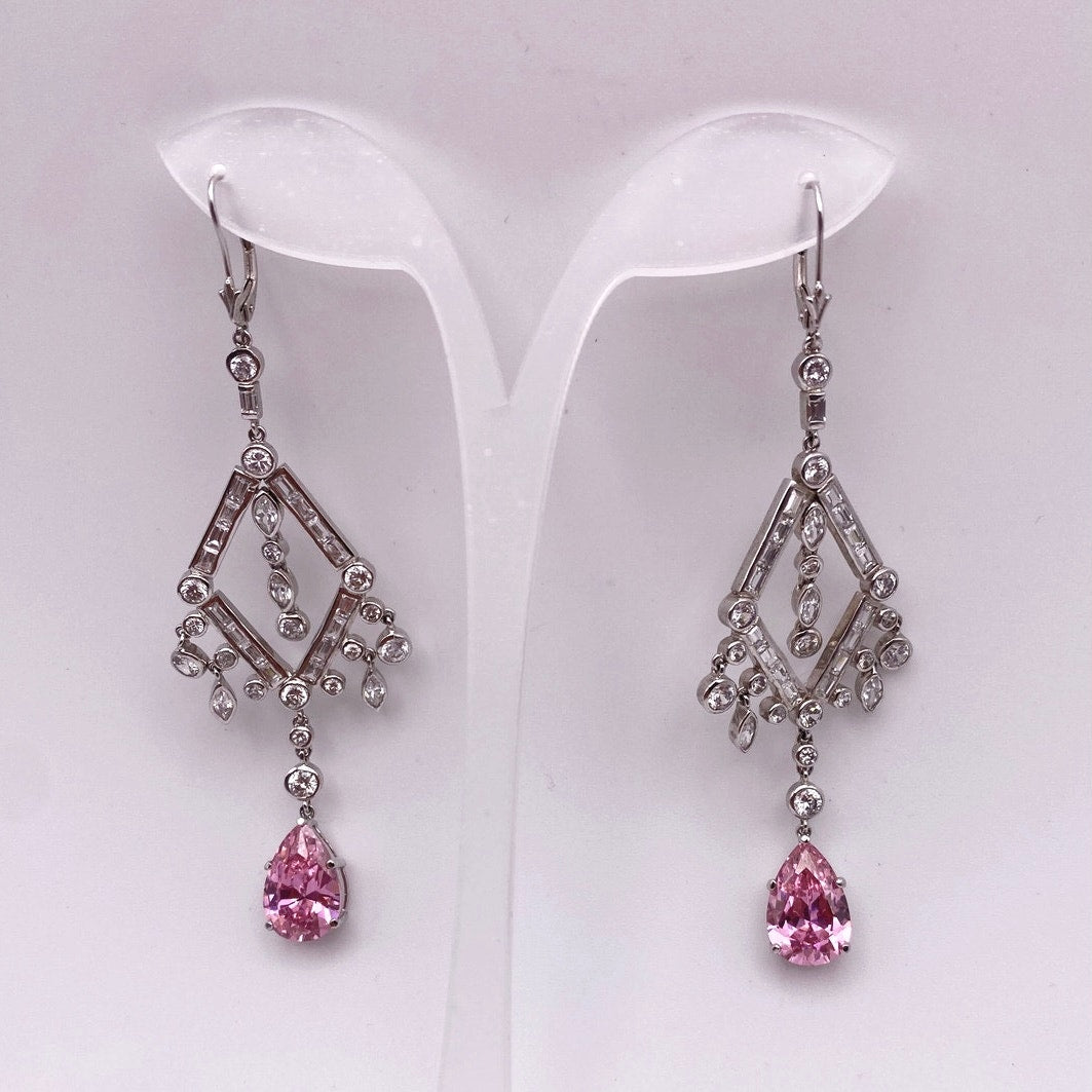 Chandelier Dangling Drop Earrings Silver and Rhodium Plated with CZ Crystals 3”