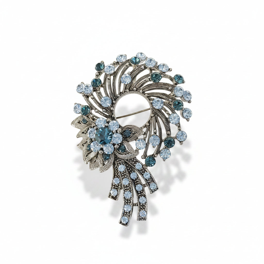 Blue Glass Rhinestones Vintage Floral Brooch