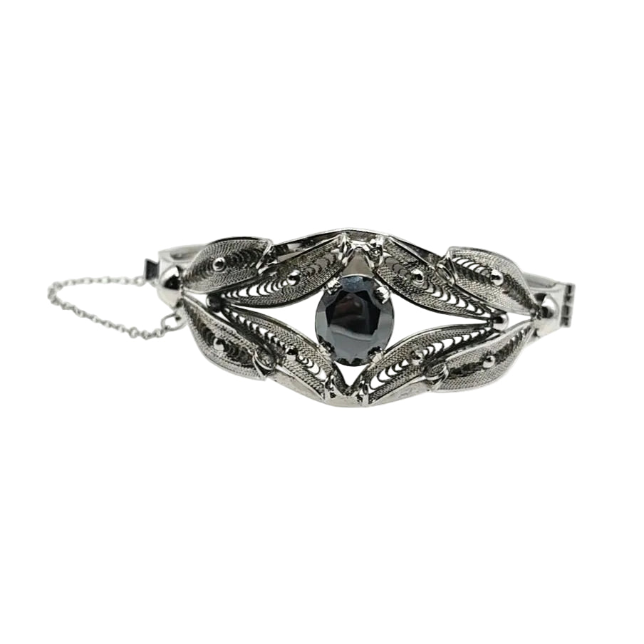 Sorrento Sterling Silver Hematite Filigree Hinged Bangle Bracelet 7”
