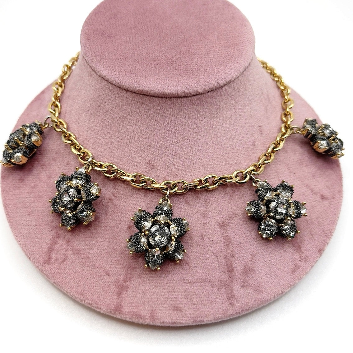 Ann Taylor Vintage Flower Crystal Charm Necklace 18”