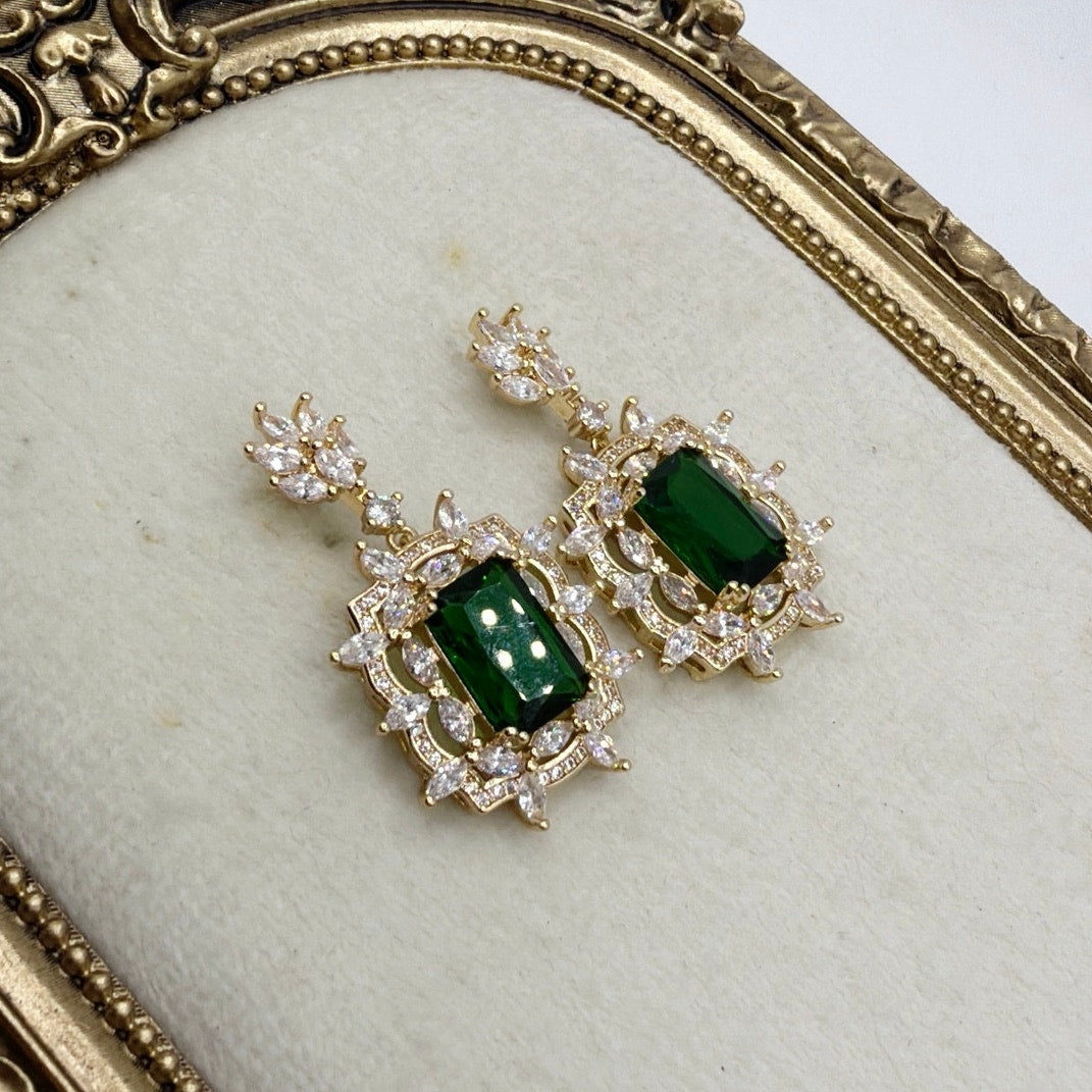 Gold Plated Cubic Zirconia Green Emerald Stone Dangling Earrings 1” Long
