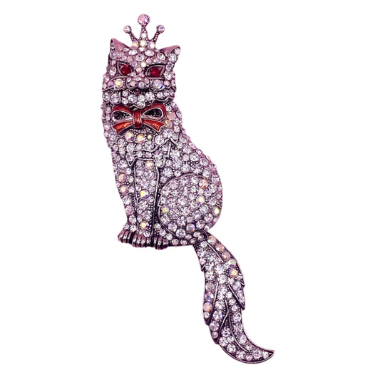 Vtg Rhinestone Cat Brooch Swivel Tail 4.5"