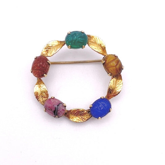Vintage Gold Plated Filigree Brooch Egyptian Revival with Gemstones Scarabs