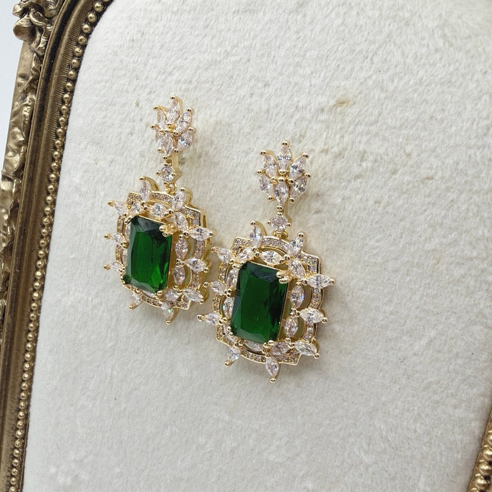 Gold Plated Cubic Zirconia Green Emerald Stone Dangling Earrings 1” Long