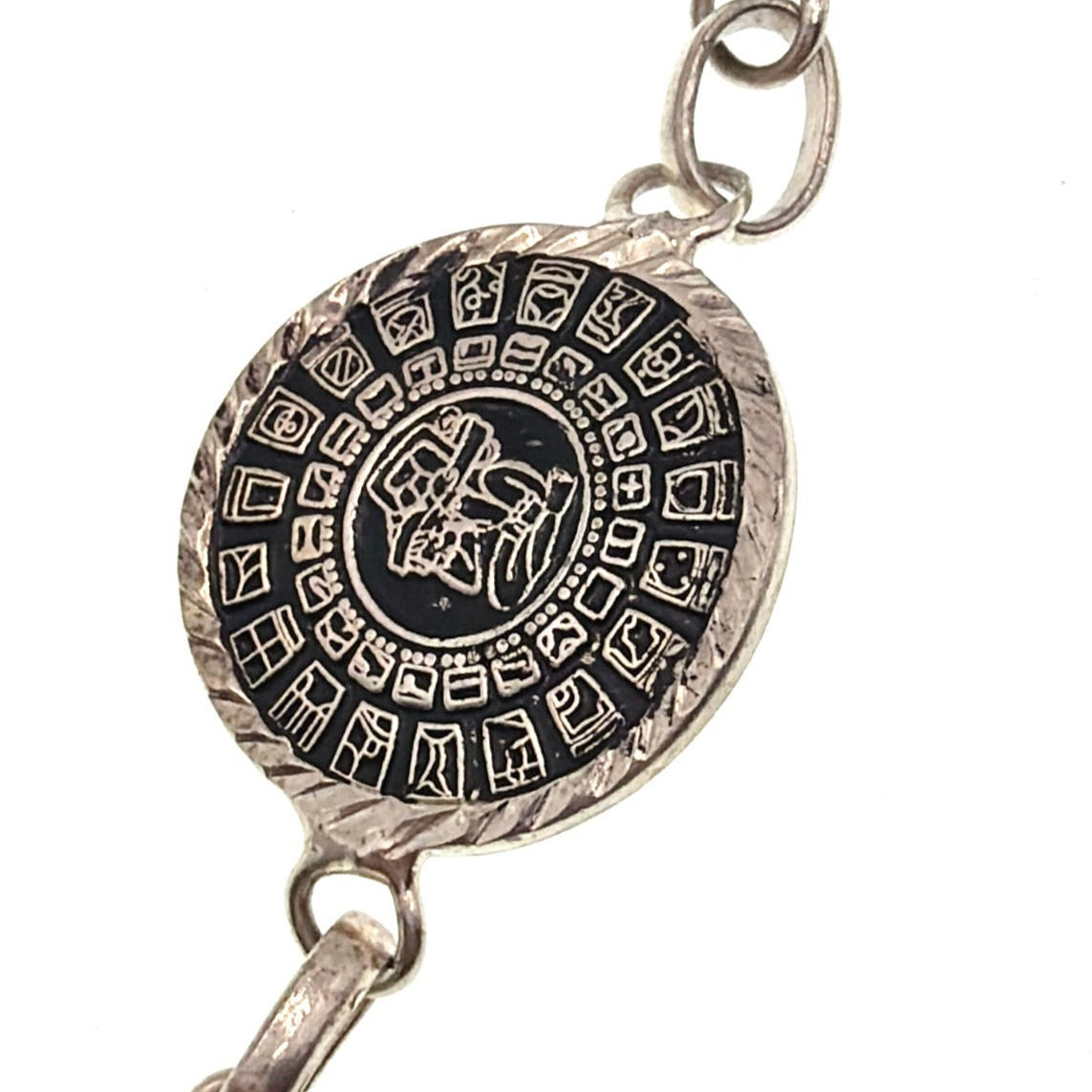 925 Sterling Silver Aztec Mayan Calendar Link Bracelet 7.5” Toggle Closure