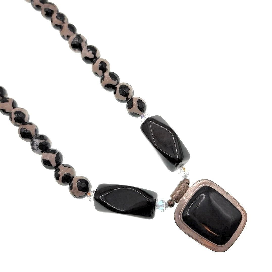 ATI Sterling Silver Mexico Onyx and Tibetan Agate Dzi Beads Necklace 20”