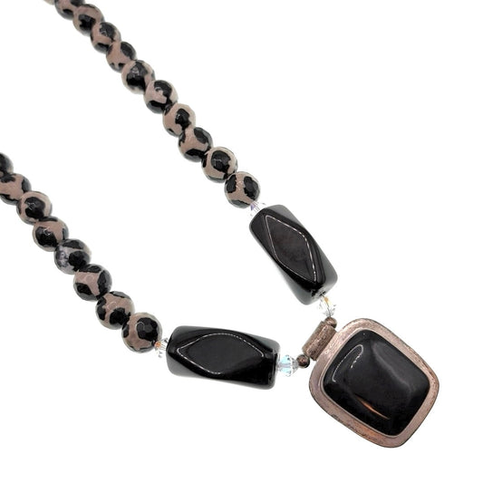 ATI Sterling Silver Mexico Onyx and Tibetan Agate Dzi Beads Necklace 20”