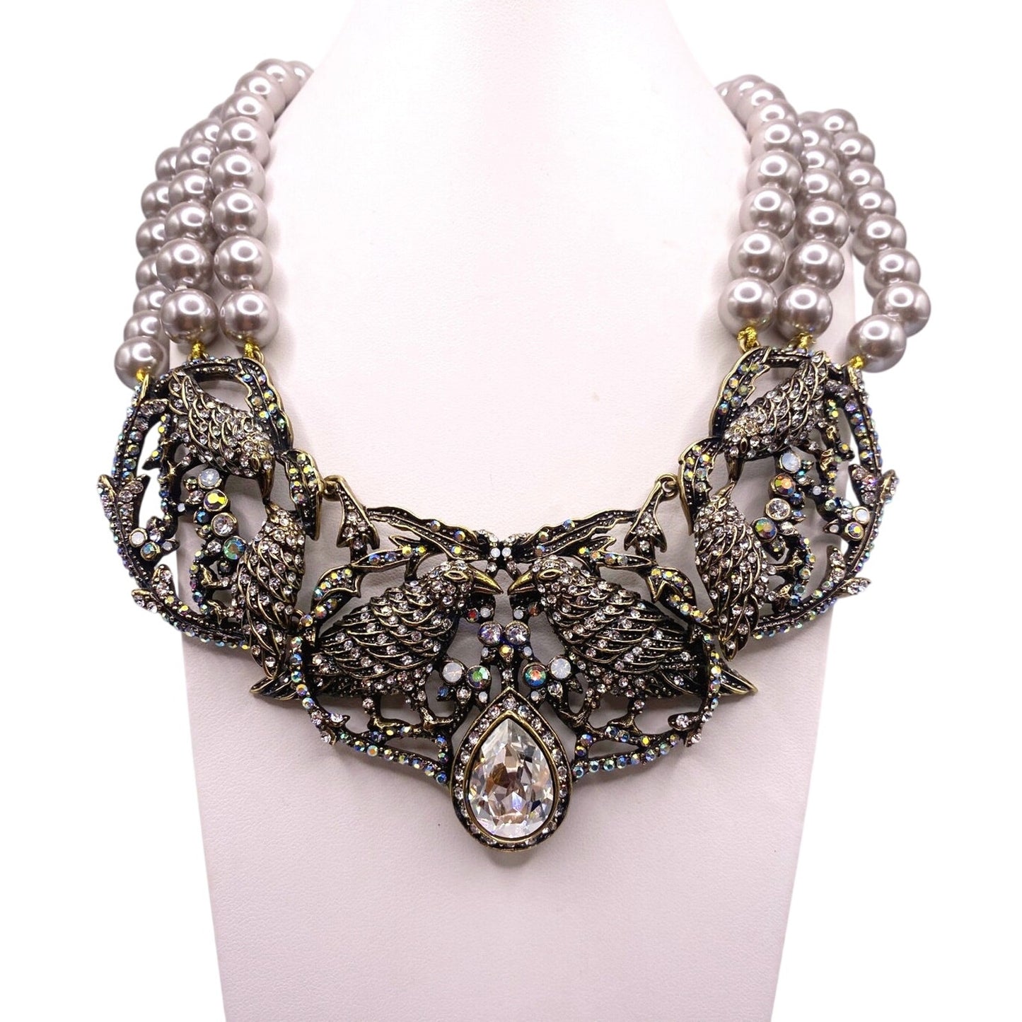 Hedi Daus Vintage Statement Necklace with Faux Pearls and AB Rhinestones Birds Motifs