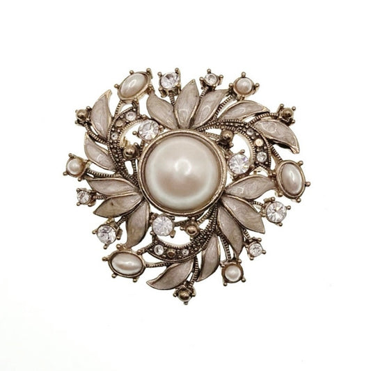 Monet Enamel and Faux Pearl Floral Brooch White and Cream 2”