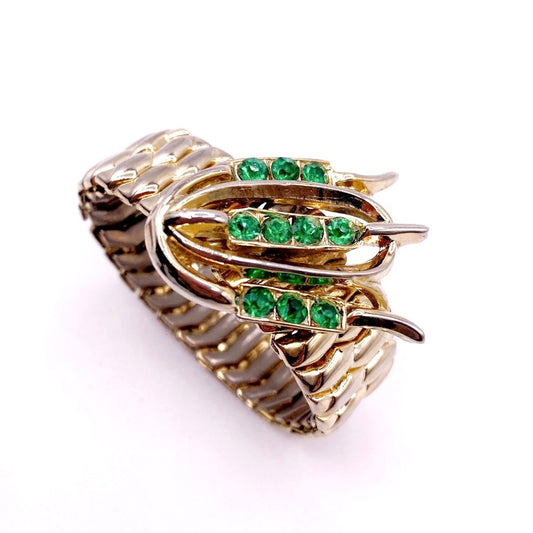 Vintage Stretchy Bracelet Gold Tone and Green Rhinestones Made in Japan Occupied