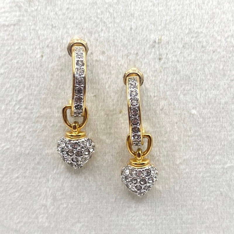 Gold Plated Two Tone Pave Rhinestones Heart Drop Half Hoop Studs