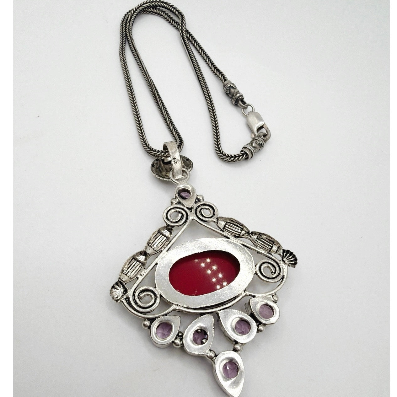 Sterling Silver Necklace 16" and Pendant 3" With Faux Coral and Amethyst Stones