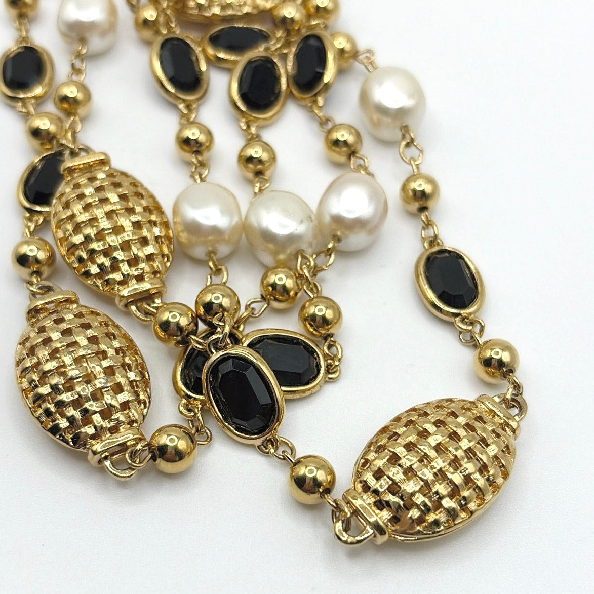 Vintage Extra Long Necklace Faux Pearl and Black Lucite 40”