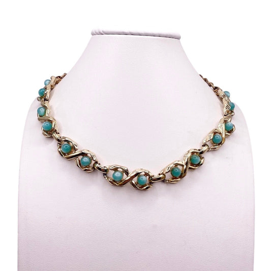 Vintage Mid Century Necklace Gold Tone Green Lucite Beads  16"