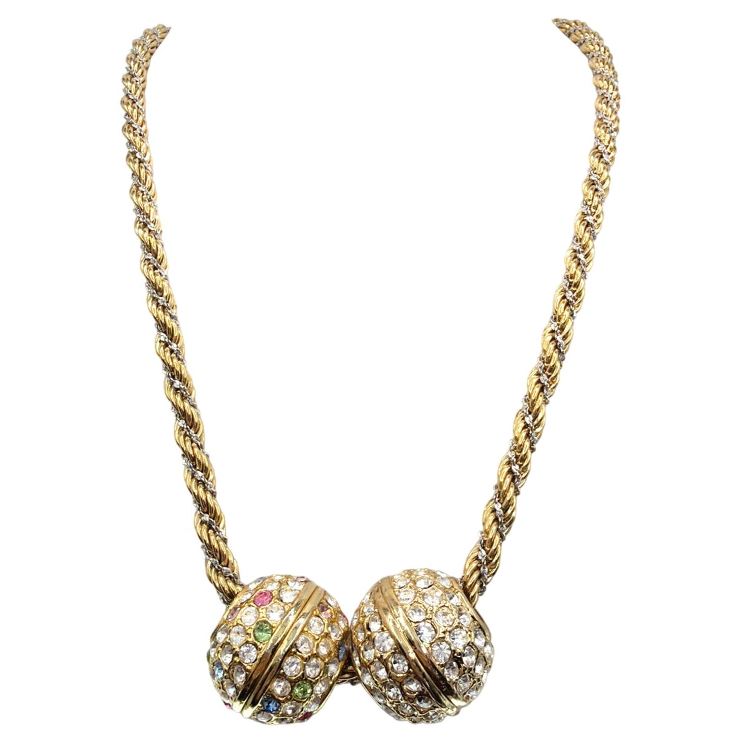 Monet Two Tone Rope Necklace With Chunky Round Rhinestones Charms 22”