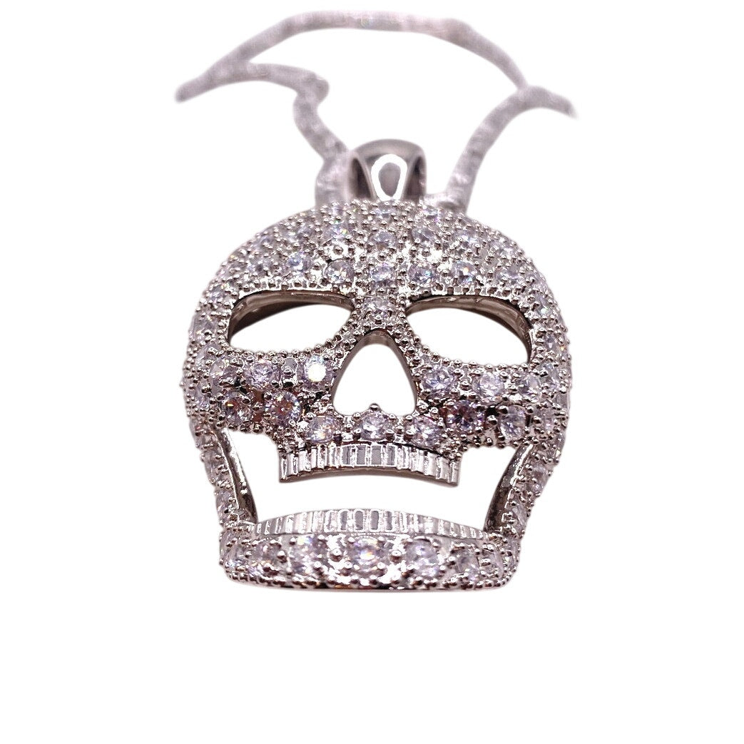 Sterling Silver Full Cubic Zirconia Skull Face Pendant and Necklace 28" long