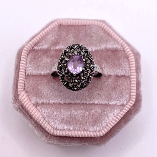 Sterling Silver and Amethyst and Marcasite Vintage Ring 6"