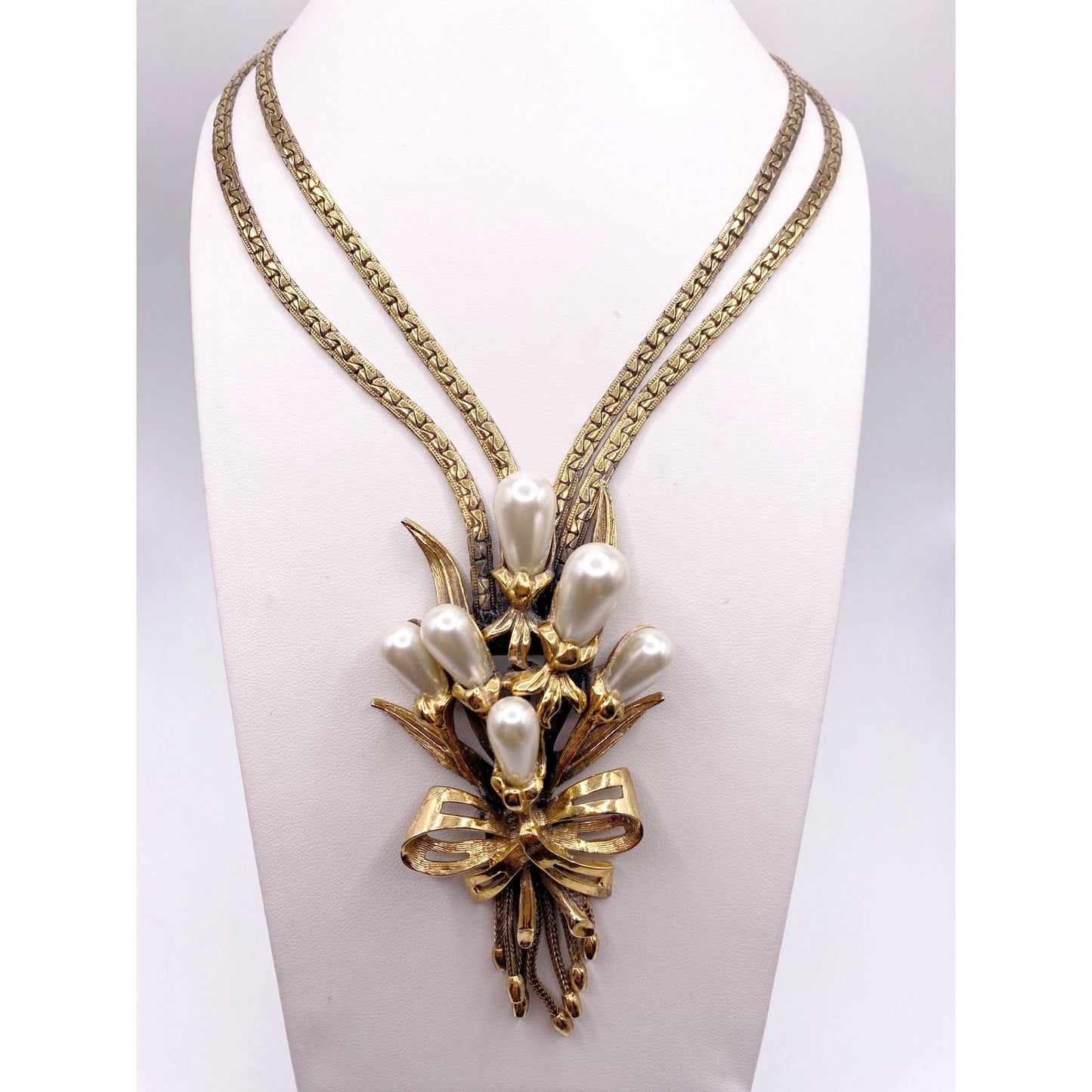 Ravana Vintage Faux Pearl Floral Bouquet Double Chain Necklace 18"