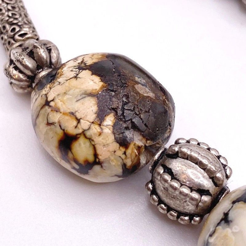 Vintage Jasper Stone Beads And Silver Tone Ornamented Metal Beads Necklace 16”
