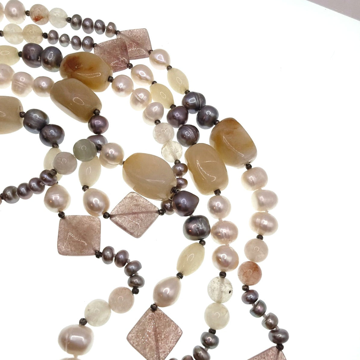 Gemstones and Pearls Knotted Vintage Extra Long Necklace 66” One Strand