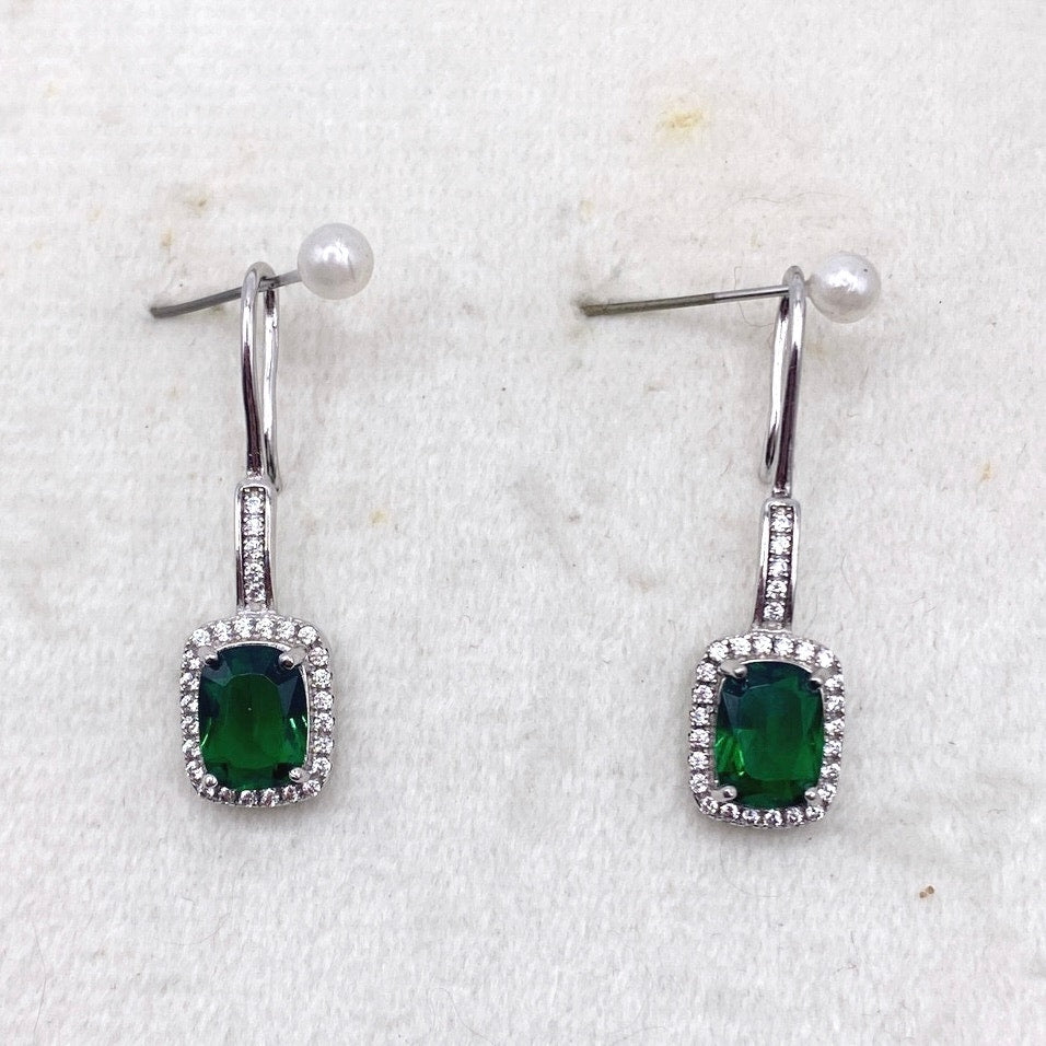 Green Crystal Sterling Silver Vintage Hook Earrings Cubic Zirconia